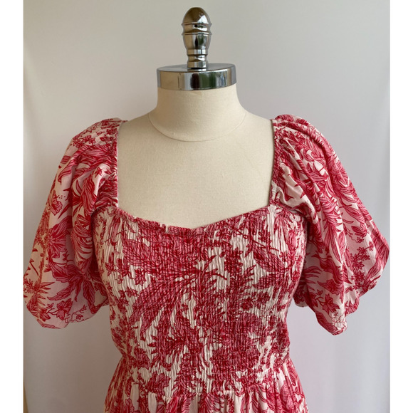 Anna Cate Mae Midi Dress Puff Sleeves 100% Cotton Boho Floral Pink sz L - Picture 2 of 5